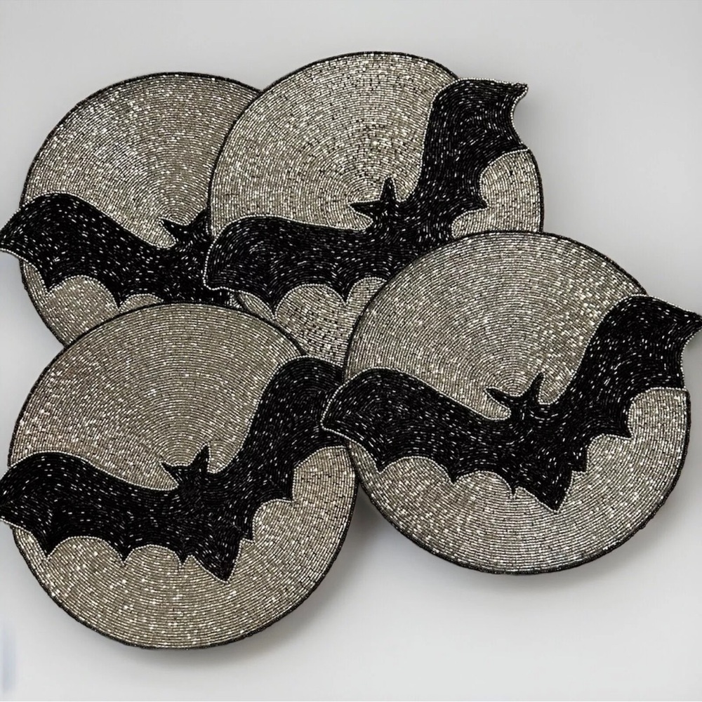 Halloween Bat Beaded Placemat Black & Silver Bat 15" New Set Of 4 Tahari